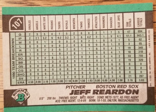 Jeff Reardon Boston Red Sox 1989 Bowman Baseballkarte #107 MT - Bild 2 von 2