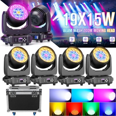 4PCS DMX 19x15W RGBW LED Wash Zoom Moving Head Beam Light DJ Party Stage Light