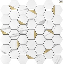 10-Sheet Peel and Stick Backsplash for Kitchen, Hexagon-White Marble Gold