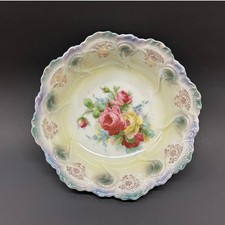German Cottage Rose Dessert Serving Bowl, Rare VTG Lavender Luster Pattern