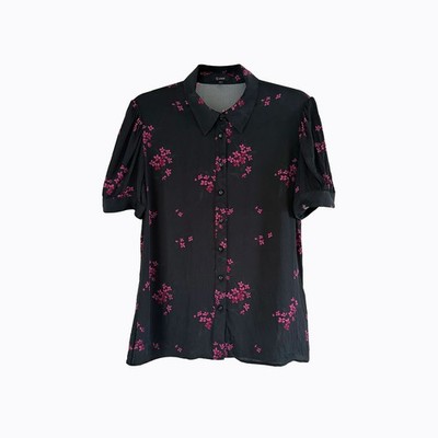 Quince Stretch Silk Puff Sleeve Blouse M Black Pink Floral Whimsigoth Office Lux