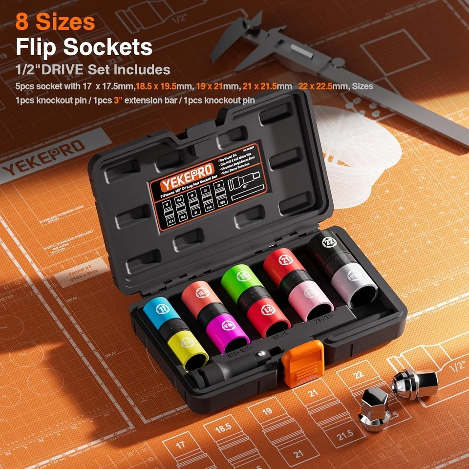 1/2 Inch Drive 7Pc Half Size Lug Nut Flip Socket Set Wheel Protector Impact Deep - Image 2 of 4