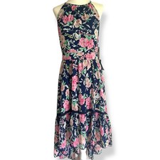 Eliza J Navy Floral Halter Midi Dress Size 12 Hi-Low Lined Ruffle Tier Chiffon