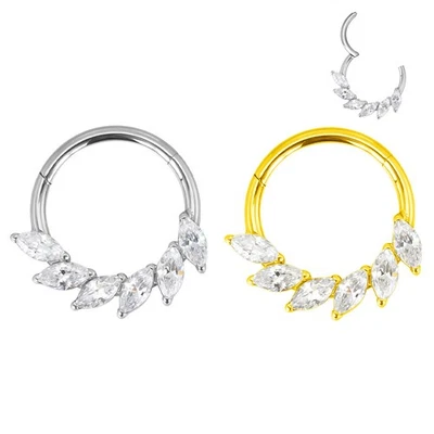 1,2mm TITAN Clicker Ring 6 Ovale Kristalle Schräg Ohr Helix Septum Piercing Gold - Bild 1 von 3