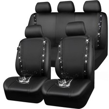 CAR PASS Leather Bling Diamond Car Seat Covers Full Set, Shining Rhinestone W...
