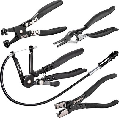 Schlauchschellenzange Set 4-teilig, Flachband, Clic-R, lange Reichweite, 5-14 mm