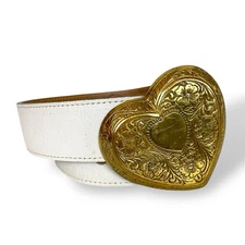 Streets Ahead Size L Women’s Belt White Leather Large Gold Brass Heart Buckle