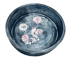 Primitive Country Farmhouse Rose Bird Wooden Bowl DIY Upcycled Black Distressed