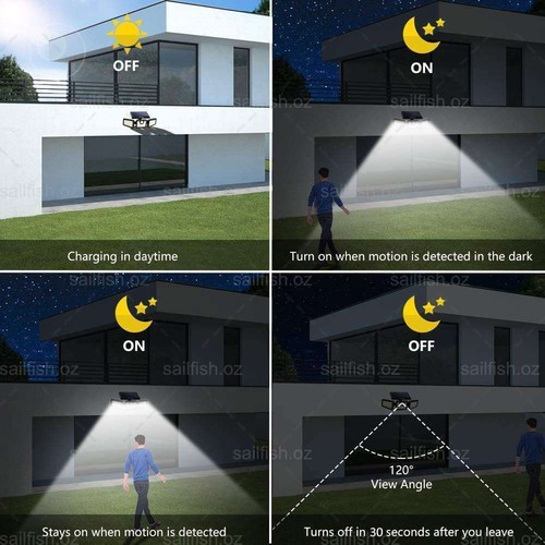 3 Head Solar Motion Sensor Light Outdoor Garden COB LED Wall Security Flood Lamp - Picture 6 of 12