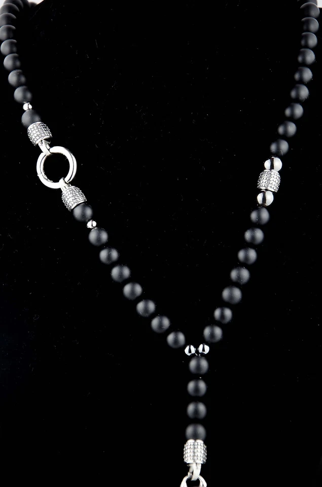 Herren Onyx Schwarz Lava Halskette Rosenkranz HalbedelsteinTotenkopf Skull Biker - Bild 3 von 4