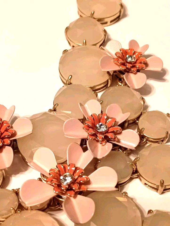 J CREW Jeweled Necklace Beige w/Vibrant Pink Water Lilies Spring Ring Closure - Image 2 of 4