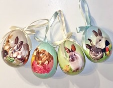 Vintage Decoupage Easter Egg Ornaments Lot of 4 Paper Mache Bunnies Chicks 3  