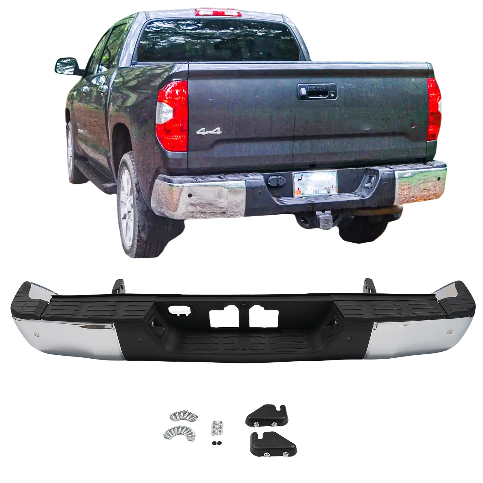 Chrome Rear Step Bumper Assembly Set for 2014-2021 Toyota Tundra w/ Park Assist