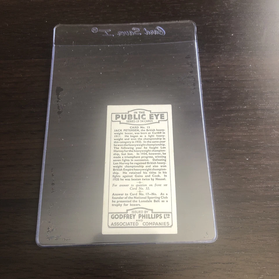 1935 Godfrey Phillips In The Public Eye Tobacco Boxing Jack Petersen #13 - Image 2 of 2