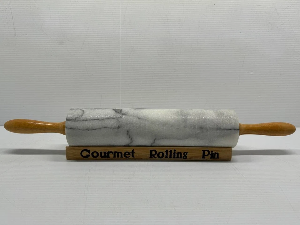 Rodillo gourmet vintage de piedra de mármol con soporte de madera, caja Foto 2 de 4