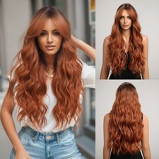 Orange Wig for Women Long Ombre Auburn Dark Roots Wavy Curly Heat Resistant