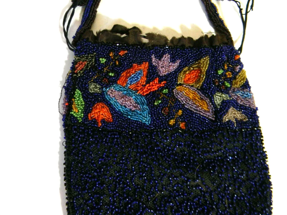 Antiguo Bolso de Mano con Cuentas Cartera Floral Cordón Aleta Azul Colorido Foto 2 de 4