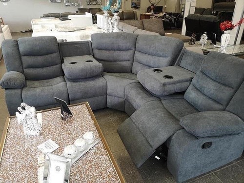 Recliner Corner Sofa Fabric Couch in Grey Chenille Sorrenti | Cup Holders - Picture 3 of 6