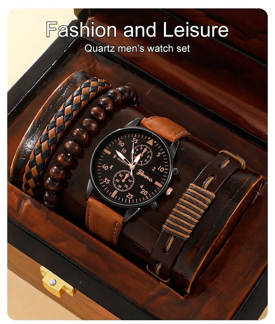Reloj-Pulsera de Cuarzo de Piel Marrón para Hombre, Conjunto De Pulseras de Lujo
