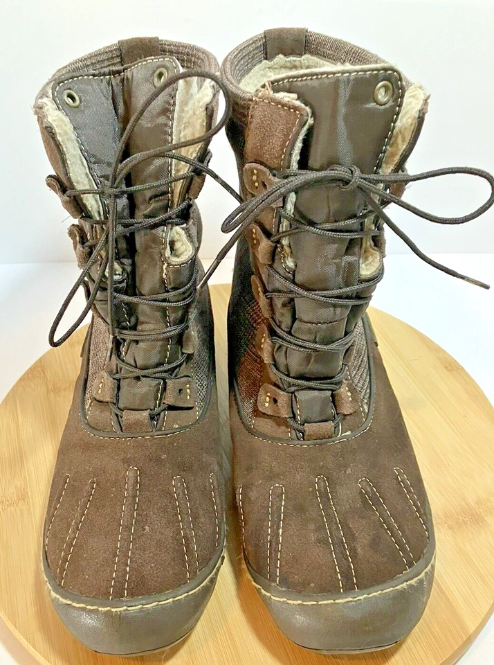 WOOLRICH Mujer MARRÓN CUADROS Cuero Impermeable Sherpa Forrado Botas Talla 9 M Foto 2 de 4