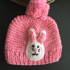 Hand Knitted Baby Hat Toddler Pink Bunny   1-2yrs Pom-pom Brand New Unisex OOAK