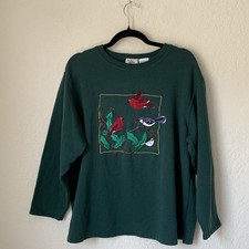 VTG Nature Birds Sweatshirt XL Forest Green Embroidered Cardinals Christmas