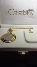 Colibri Gold Metal Quartz Pocket Watch with Chain Wooden Case, Used