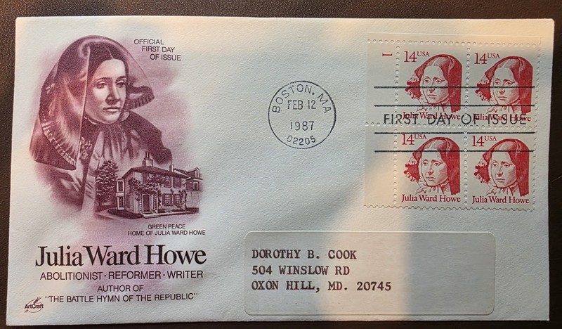 1987 Julia W Howe 14¢ First Day Cover FDC Block of 4 ArtCraft Boston MA Sc#2176