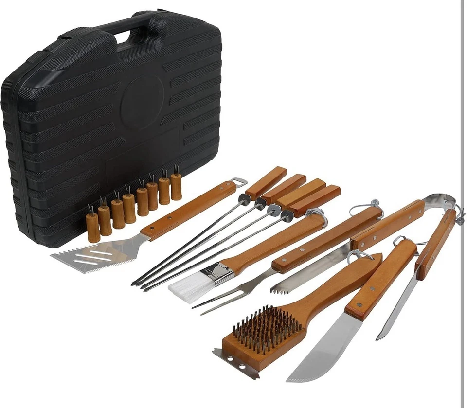 Mr. Bar-B-Q Juego de herramientas de parrilla de lujo de 18 piezas con asas de madera de acero inoxidable Foto 3 de 4