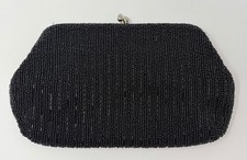 Vintage Black Hand Beaded Evening Clutch Purse Kiss Lock Seed Bead Made in Japan
