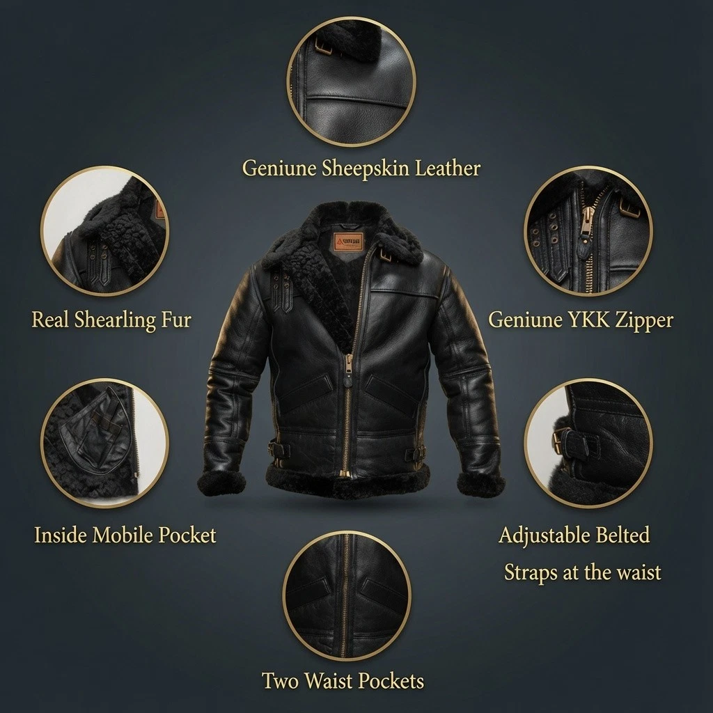 Mens B3 Black Bomber Real Shearling Sheepskin Aviator Flight Leather Jacket USA image 4