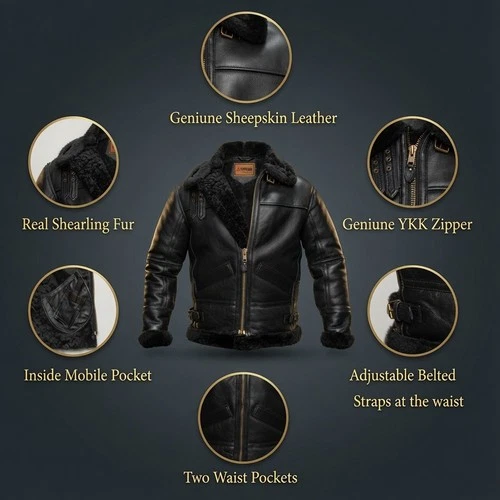 Mens B3 Black Bomber Real Shearling Sheepskin Aviator Flight Leather Jacket USA image 4