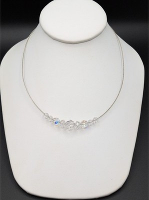 Swarovski Adjustable 15-17.5'' Cable Necklace Clear Beads Swan Charm Silver Tone