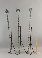 3 Antique 19thC Copper Lighting Rod Pierced Sunburst Tops w/ Brackets 