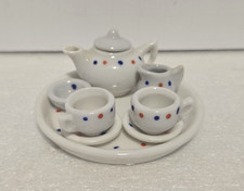 Vintage Lot Miniature Tea Pot Set 9 pieces Red Blue Poka Dots Made In Germany