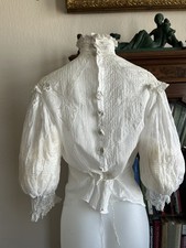 Antique Vintage Edwardian Victorian White Lace Blouse with Puff Sleeves, Rare M