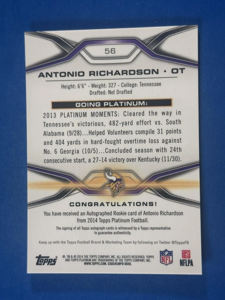 2014 Topps Platinum Autographs Refractors Antonio Richardson Minnesota Vikings - Image 2 of 2