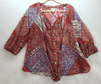 Fig and Flower 2X Sheer Mesh Button Up Blouse Top Boho Hippie Floral MOP buttons