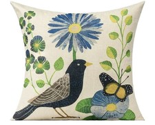 All Smiles Linen Cotton Black Bird Floral Butterfly Throw Pillow Cover 17” X 17”