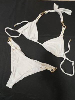 Lot of 3 Beach Bunny White Chain Bikini Set Gold Size Medium Top Bottoms