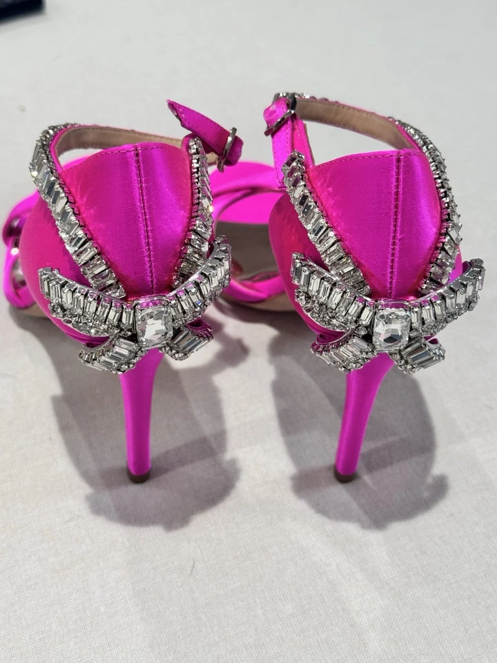 Badgley Mischka Women's Satin Pink Rhinestone Open Toe Heels Stiletto Size 6 - Image 4 of 4