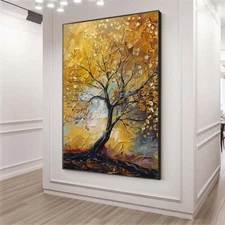 Golden Flowers Tree Luck Tree Oil Hand Painting Painting 3D Hand-Painted Blue