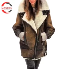 Womens Brown B3 Bomber Aviator Genuine Overcoat Real Sheepskin Leather Jacket