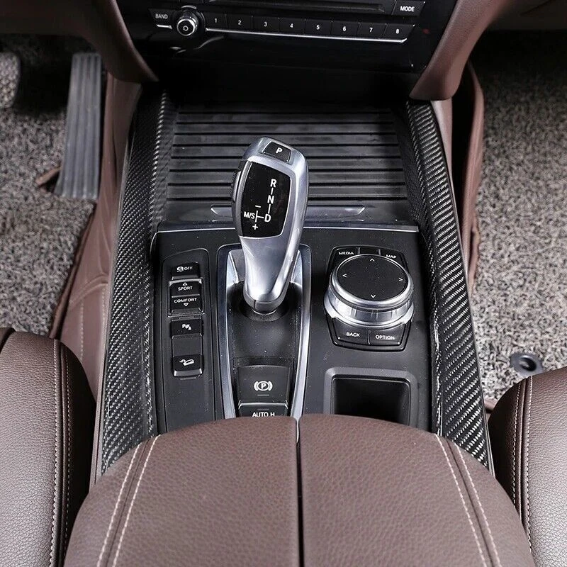 Tapicería lateral de cambio de marchas de consola central de coche de fibra de carbono para BMW X5 F15 2014-2018 Foto 3 de 4