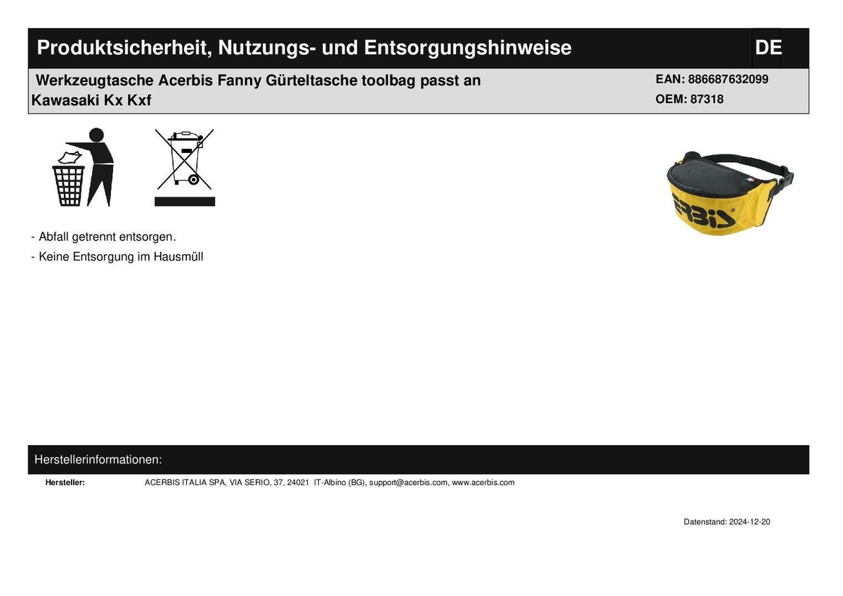 Acerbis Gürteltasche 'Fanny' In Gelb - Praktische Hüfttasche Für Unterwegs