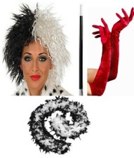 Cruella De Ville dalmatinische Damenperücke, Handschuhe, 2-farbige Boa & Zigarettenhalter 4-teiliges Set