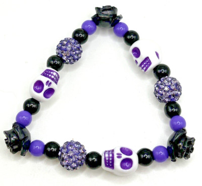 Día de los Muertos 6.75'' Skulls & Roses Rhinestones Halloween Stretch Bracelet