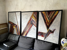 Dipinto a Olio Trittico Astratto Moderno, Circa 1990, Incorniciato, 74x106