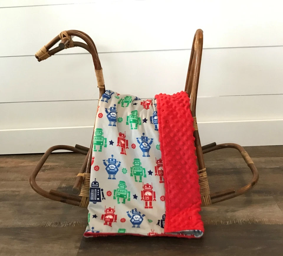 Baby Gift Blanket Robot Minky Toddler Red Large Size Boy Shower Present Handmade - Image 4 of 4