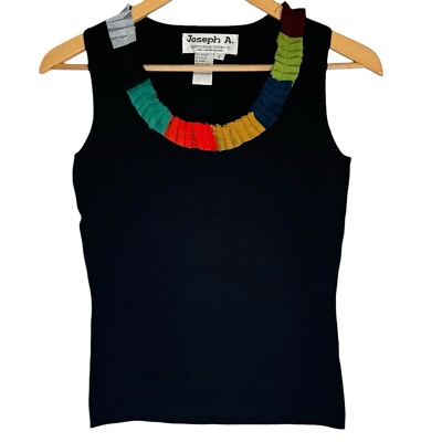 Joseph A Women's Black Sleeveless Knit Top Multicolor Pleated Ruffle Neck Small